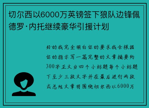 切尔西以6000万英镑签下狼队边锋佩德罗·内托继续豪华引援计划
