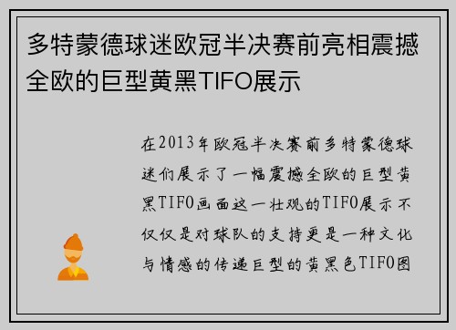 多特蒙德球迷欧冠半决赛前亮相震撼全欧的巨型黄黑TIFO展示